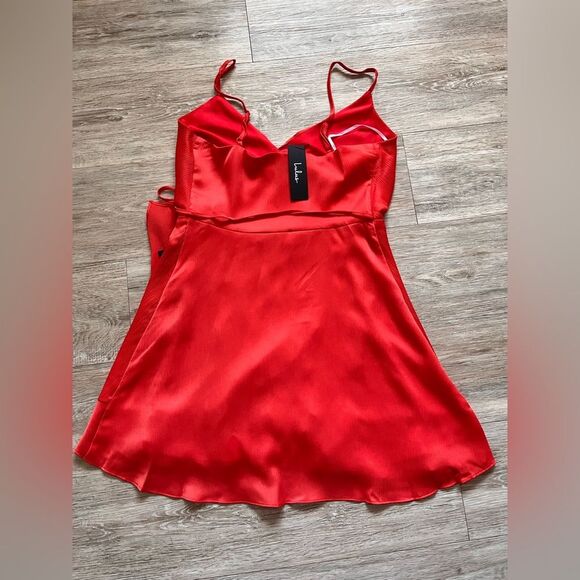 Lulus Satin Wrap Mini Dress Ruffled Hem Red Bodice Cocktail Party - Picture 4 of 10